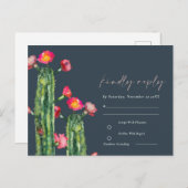 ネイビーブピンクフローラカッティ葉の水色RSVP ポストカード (正面/裏面)