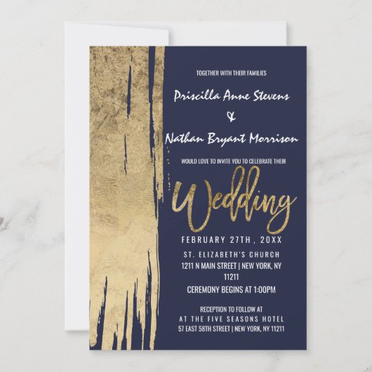 ネイビーブモダンルー金ゴールドのブシンプルラシストロ結婚ーク 招待状 (正面)