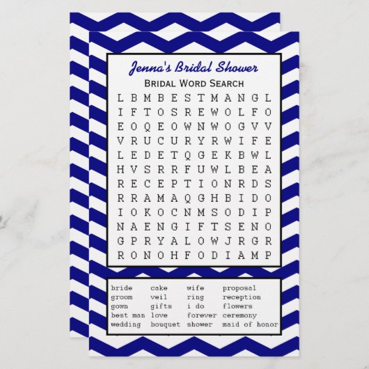 ネイビーブライダルパーティシャワーワード検索ゲーム (正面/裏面)