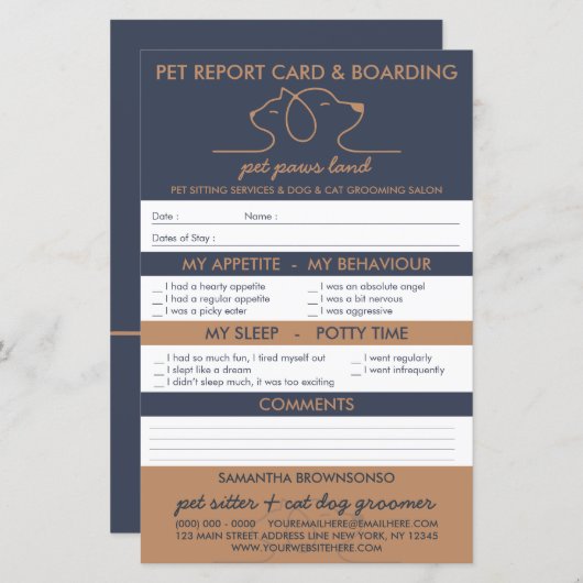 ネイビーブラウンかわいい犬の猫のロゴレポートの搭乗 (正面/裏面)