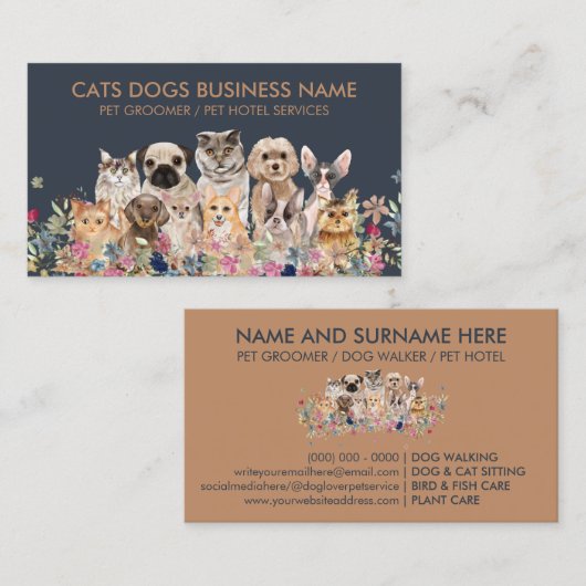 ネイビーブラウンのペットが犬猫を飼う 名刺 (正面/裏面)