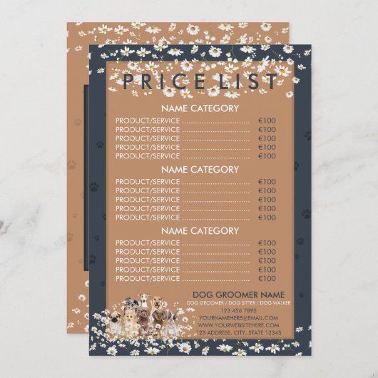 ネイビーブラウンデイジーフラワードッグトリマー価格表 メニュー (正面/裏面)