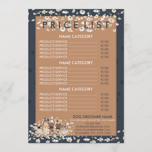 ネイビーブラウンデイジーフラワードッグトリマー価格表 メニュー (正面)