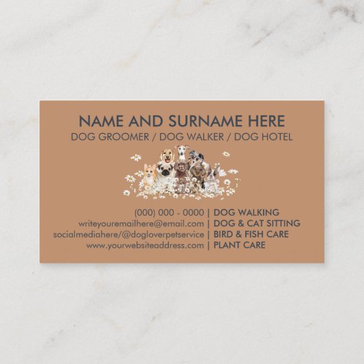 ネイビーブラウンパップデイジーフラワードッグトリマーペット 名刺 (裏面)