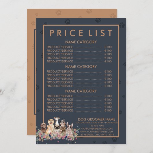 ネイビーブラウンペットシッター犬の獣医学価格表 メニュー (正面/裏面)