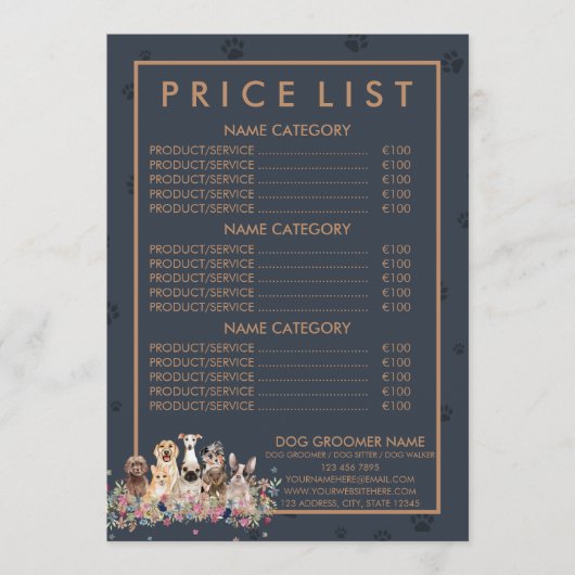 ネイビーブラウンペットシッター犬の獣医学価格表 メニュー (正面)