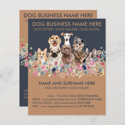 ネイビーブラウン犬シッティングサービス フライヤー ペットグルーマー (正面/裏面)