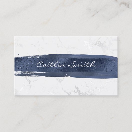 ネイビーブラシストロークシルバーホワイトフォイル大理石 名刺 (正面)