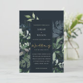 ネイビーブラックの葉のトロピカルリーフの結婚式の招待 サンキューカード (スタンド正面)