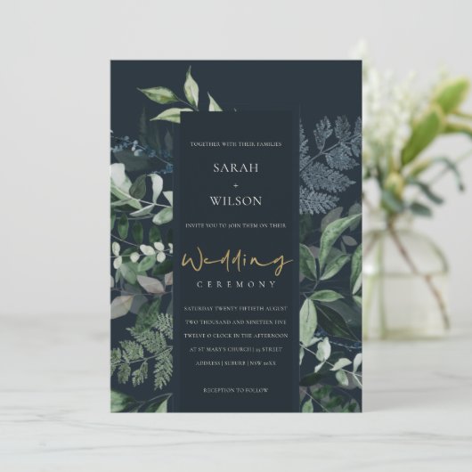 ネイビーブラックの葉のトロピカルリーフの結婚式の招待 サンキューカード (スタンド正面)