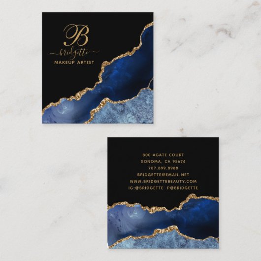 ネイビーブラックアゲテゲード金ゴールドグリッターメイクアップアーティスト スクエア名刺 (正面/裏面)