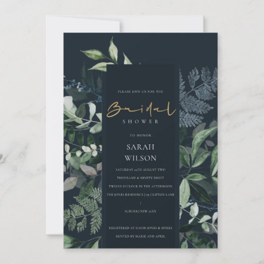 ネイビーブラックグリーンリーフィアファーンブライダルシャワー招待状 サンキューカード (正面)