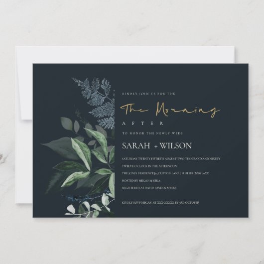 ネイビーブラックグリーンリーフ動物モーニングアフター招待状 サンキューカード (正面)