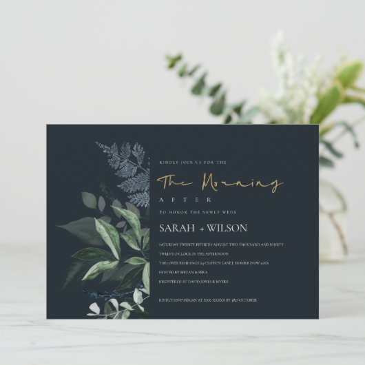 ネイビーブラックグリーンリーフ動物モーニングアフター招待状 サンキューカード (スタンド正面)