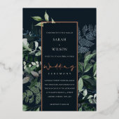 ネイビーブラックグリーン緑葉熱帯動物相結婚物 箔招待状 (正面)