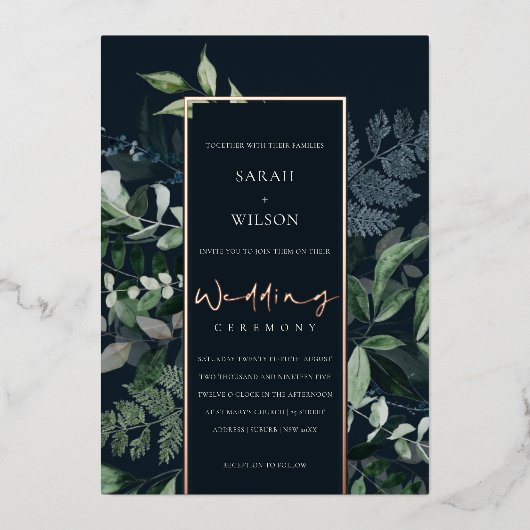 ネイビーブラックグリーン緑葉熱帯動物相結婚物 箔招待状 (正面)