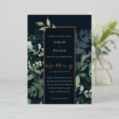 ネイビーブラックグリーン緑葉熱帯動物相結婚物 箔招待状 (立ち正面)