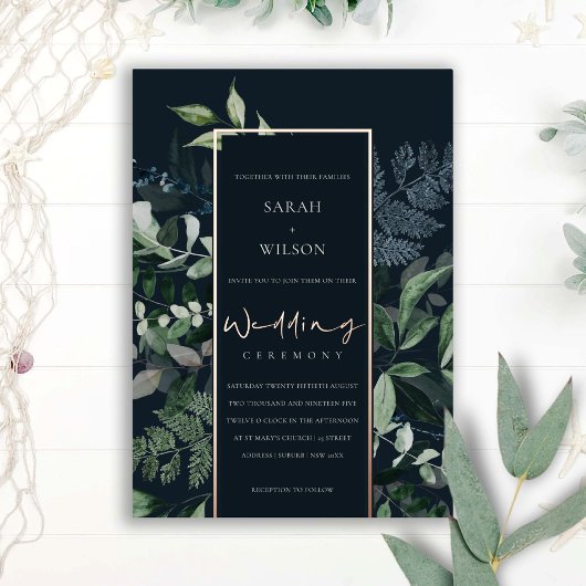 ネイビーブラックグリーン緑葉熱帯動物相結婚物 箔招待状