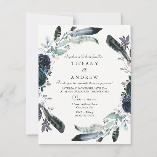 ネイビーブラックフローラリース婚約パーティ招待状 招待状 (正面)