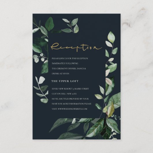 ネイビーブラック緑の葉のウェディングレセプションE エンクロージャーカード (正面)
