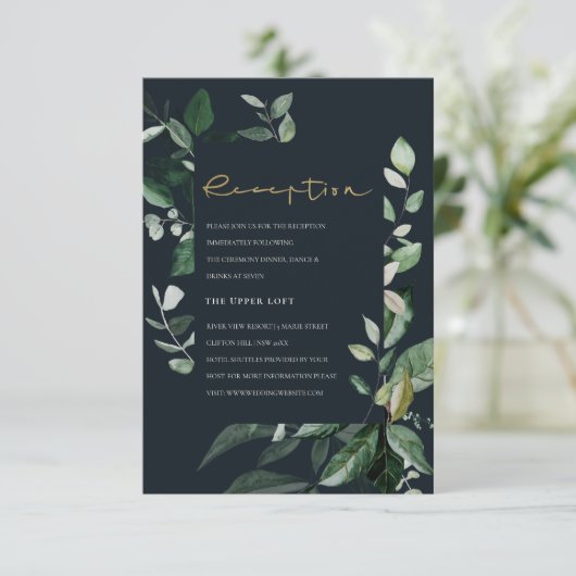 ネイビーブラック緑の葉のウェディングレセプションE エンクロージャーカード (スタンド正面)