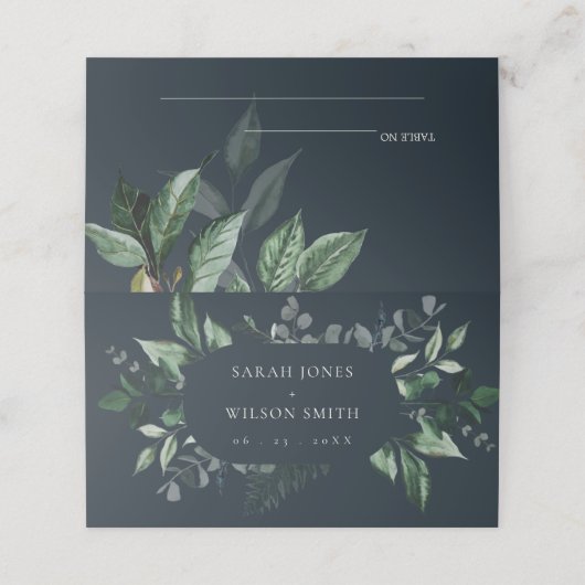 ネイビーブラック緑の葉の熱帯の結婚葉 プレイスカード (外部開封)