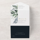 ネイビーブラック緑の葉の熱帯結婚の葉のアル オールインワン招待状 (外側)