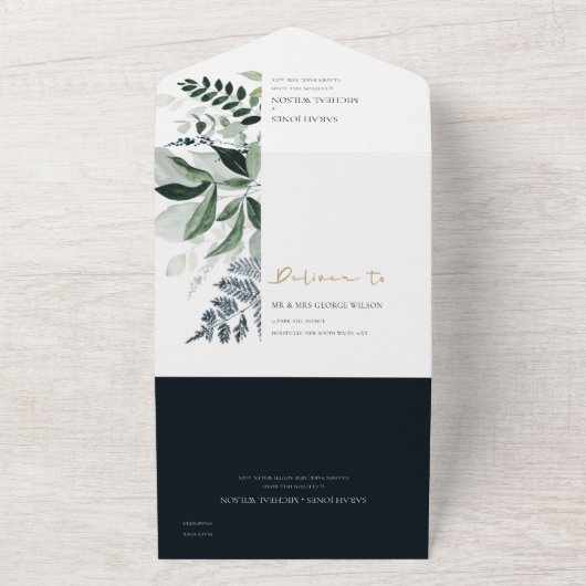 ネイビーブラック緑の葉の熱帯結婚の葉のアル オールインワン招待状 (外側)