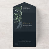 ネイビーブラック緑の葉の熱帯結婚の葉のアル オールインワン招待状 (外側)