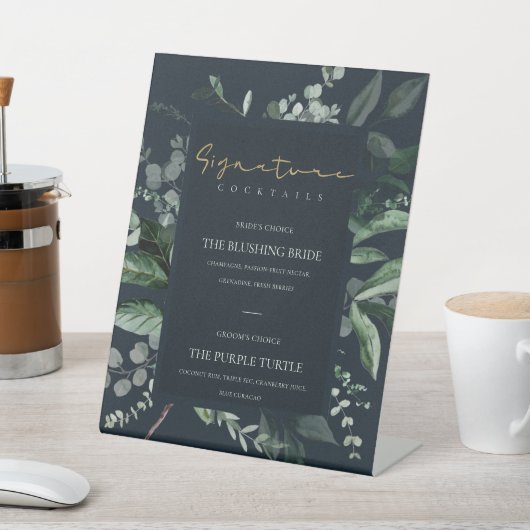 ネイビーブラック葉のシグネチャードリンクカクテル 台座サイン (インサイチュ)