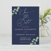 ネイビーブルウォーター色の緑の日を保存 招待状 (スタンド正面)