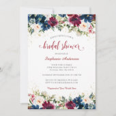 ネイビーブルガンディウォーターカラーフローラブライダルシャワー 招待状 (正面)