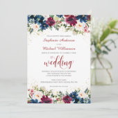 ネイビーブルガンディウォーターカラーフローラ結婚式招待状 招待状 (スタンド正面)
