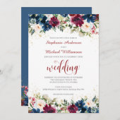 ネイビーブルガンディウォーターカラーフローラ結婚式招待状 招待状 (正面/裏面)