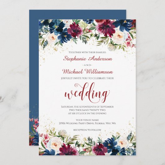 ネイビーブルガンディウォーターカラーフローラ結婚式招待状 招待状 (正面/裏面)