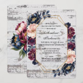 ネイビーブルガンディピンク牡丹ウッドバチェロレッテ 招待状 (正面/裏面)