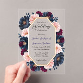 ネイビーブルガンディピンク牡丹結婚ウッドお祝い アクリル招待状 (インサイチュ (ポータブル))