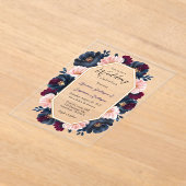 ネイビーブルガンディピンク牡丹結婚ウッドお祝い アクリル招待状 (レイダウン)