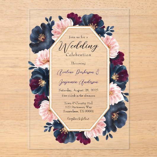 ネイビーブルガンディピンク牡丹結婚ウッドお祝い アクリル招待状 (正面)