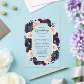 ネイビーブルガンディピンク牡丹結婚ウッドお祝い アクリル招待状 (インサイチュ (ウェディング))