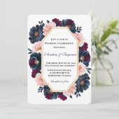 ネイビーブルガンディピンク牡丹結婚ウッドお祝い 招待状 (スタンド正面)