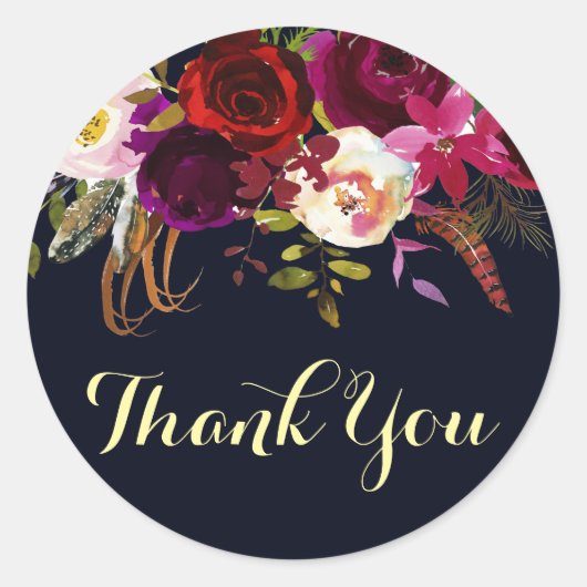 ネイビーブルガンディボホフローラ秋の結婚式ありがとう ラウンドシール (正面)