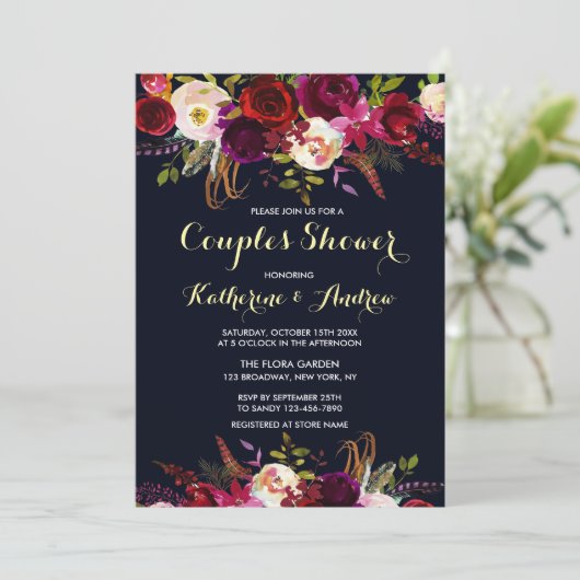 ネイビーブルガンディマルサラボホフローラカップルのシャワー 招待状 (スタンド正面)