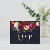 ネイビーブルガンディマルサラ素朴ボホウェディングRSVP インビテーションポストカード (スタンド正面)