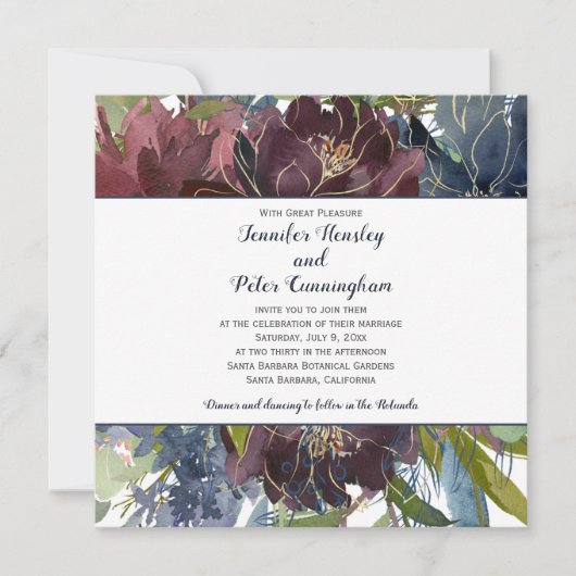 ネイビーブルガンディマルサラ金ゴールドフローラ |スクエア結婚ズ 招待状 (正面)