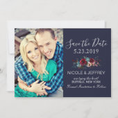 ネイビーブルガンディメルロフローラウェディング日付を保存 セーブザデート (正面)