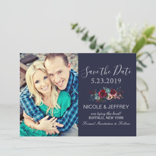 ネイビーブルガンディメルロフローラウェディング日付を保存 セーブザデート (スタンド正面)