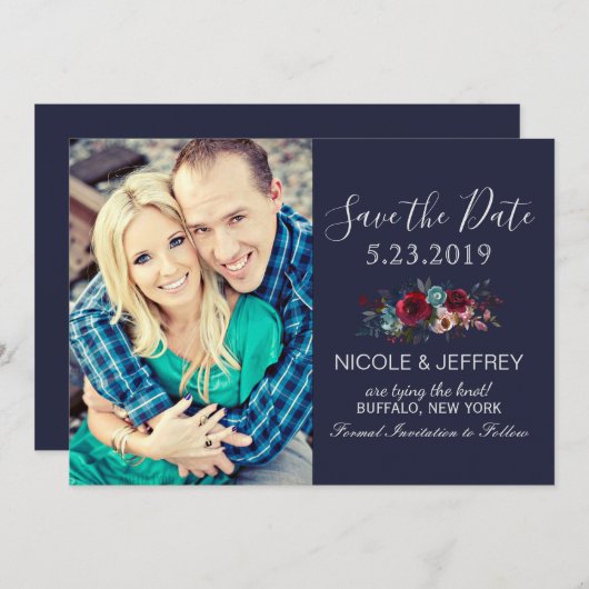 ネイビーブルガンディメルロフローラウェディング日付を保存 セーブザデート (正面/裏面)