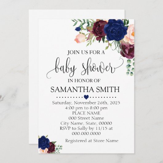 ネイビーブルグディフローラロマンチックbohoベビーシャワー 招待状 (正面/裏面)