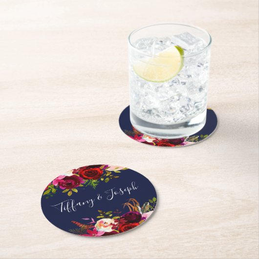 ネイビーブルグンディエレガントフローラ春庭園の結婚式 ラウンドペーパーコースター (インサイチュ)